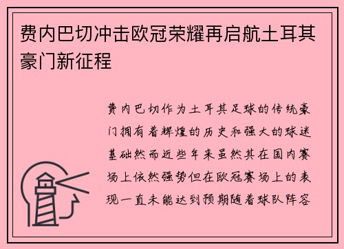 费内巴切冲击欧冠荣耀再启航土耳其豪门新征程